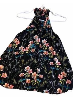 Express Floral Halter Top XS Black Pink Green Keyhole Neck Sleeveless
